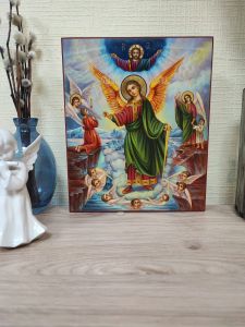 Рукописная икона Ангел Хранитель с детьми масло (Размер 17*21 см)