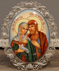 Рукописная икона из финифти Петр и Феврония №123 (Размер 9х10 см)