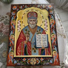 Рукописная икона Николай Чудотворец с херувимами №142 (Размер 27х31 см)