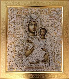 Рукописная Смоленская икона с жемчужным окладом (Размер 38*43 см)