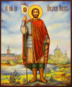 Рукописная икона Александр Невский с пейзажем