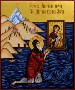 Рукописная икона Явление Иверской иконы на водах Афона