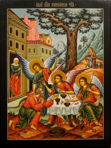 Рукописная икона Живоначальная Троица (Размер 35х47 см)