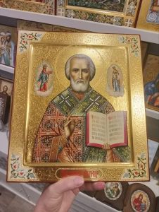 Рукописная икона Николай Чудотворец с Предстоящими №215 (Размер 27х31 см)