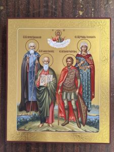 Рукописная семейная икона №164 (Свв.Сергий Рад, Иоанн Богослов, Валерий Севаст, Фотиния Самаряныня)