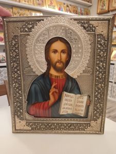 Рукописная икона Спас Вседержитель с окладом масло №123 (Размер 27х31 см)