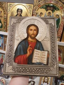 Рукописная икона Спас Вседержитель с окладом масло №123 (Размер 27х31 см)