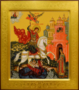 Рукописная икона Чудо Георгия о змие №63 (Размер 27х31 см)