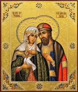 Рукописная икона Петр и Феврония с жемчугом 93 (Размер 21*25 см)