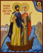 Рукописная икона Петр и Феврония в ладье 119 (Размер 17*21 см)