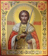 Рукописная икона Александр Невский с резьбой и красочным фоном
