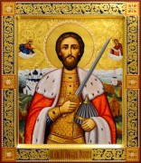 Рукописная икона Александр Невский с резьбой и золочением